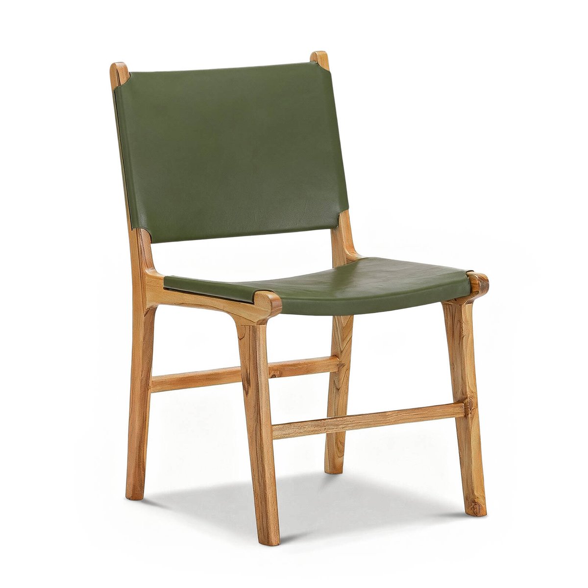 Casey Set of 2 Olive Green Flat Leather Natural Teak Wood Dining