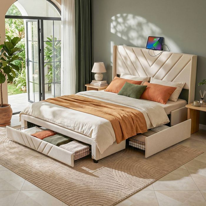 Artiss Double Bed Frame with Charging Station Beige