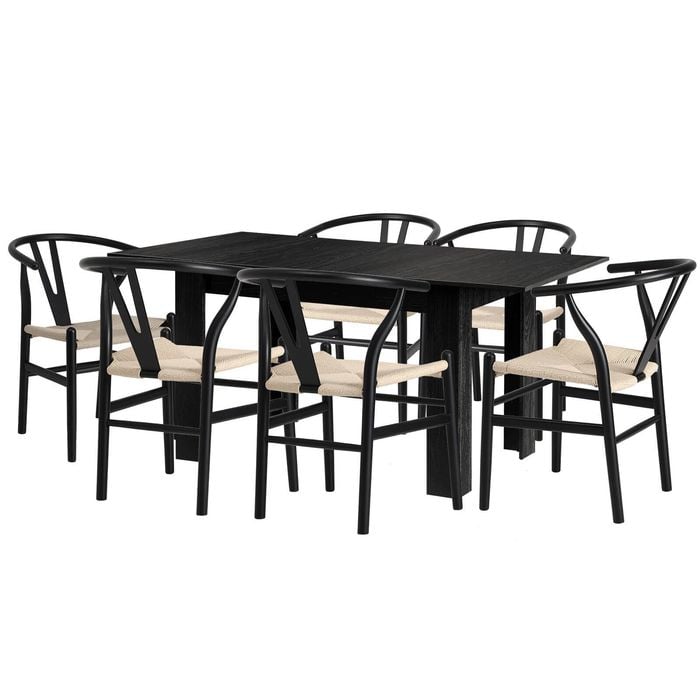Oikiture 160cm Extendable Dining Table with 6x Hans Wegner Dining Chairs Black