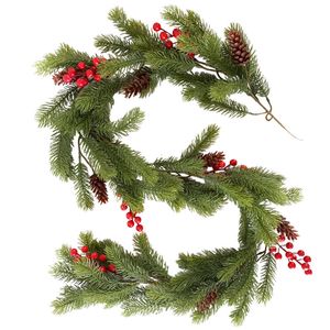 Catzon 5Ft Christmas Garland with Red Berry Pinecones-Green