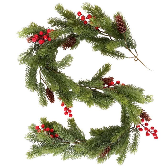 Catzon 5Ft Christmas Garland with Red Berry Pinecones-Green