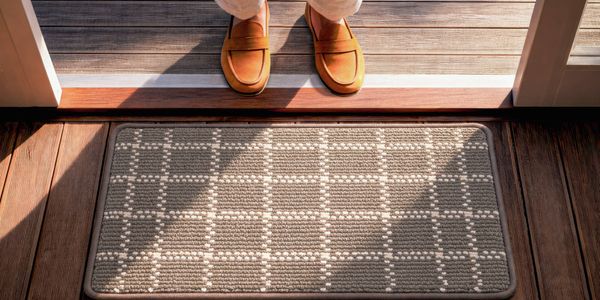 Person standing on a patterned indoor door mat near a wooden entryway