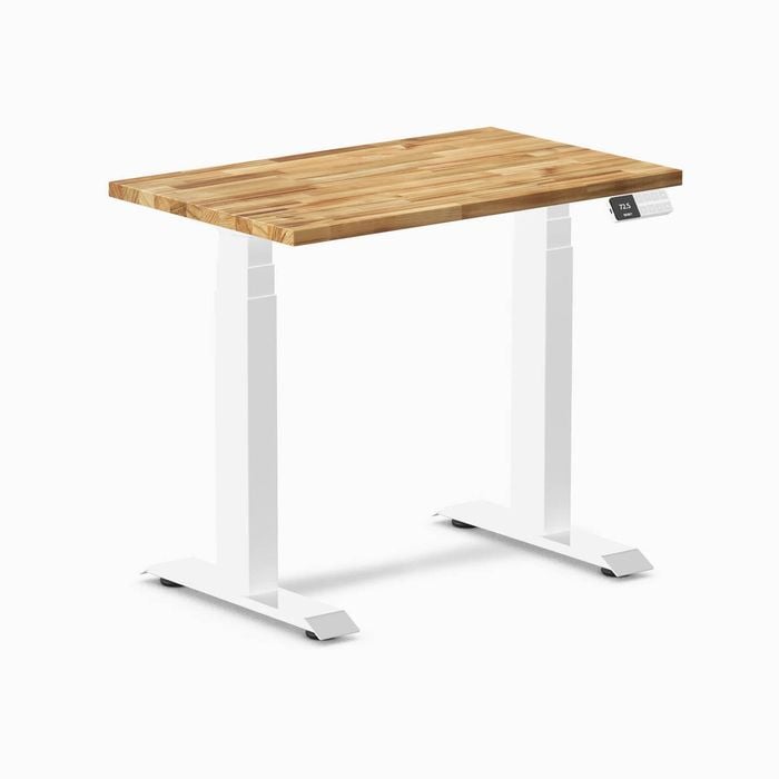 Desky Dual Mini Acacia Hardwood Sit To Stand Desk 1000x600mm Matte Black Frame