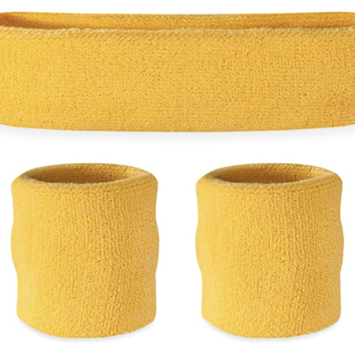 WRISTBAND & HEADBAND SET Tennis Terry Towelling Cotton Sweat Band Team Gym  Yellow