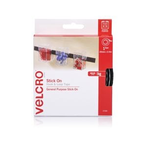 VELCRO Brand 25mm x 2.5m Black Stick On Hook and Loop Tape