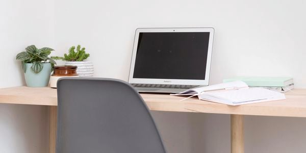 Desk with laptop and plants.