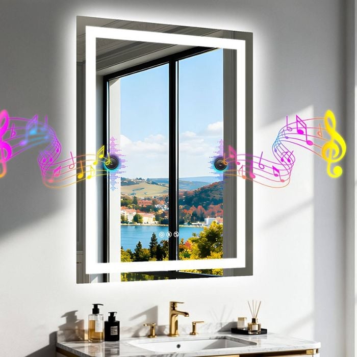 OAKORY 50x70cm Rectangular LED Bathroom Mirror with Bluetooth Speaker Dimmable Light Anti-Fog Touch Control
