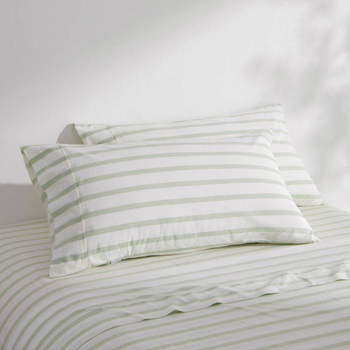 Dreamaker Bask Washed Cotton Yarn Dyed Stripe King Pillowcase Sage Twin Pack