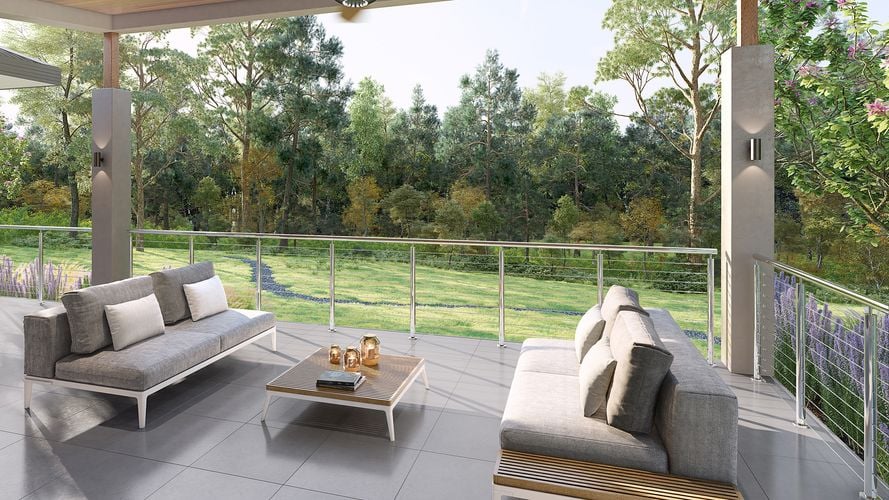 An outdoor lounge area overlooking parkland