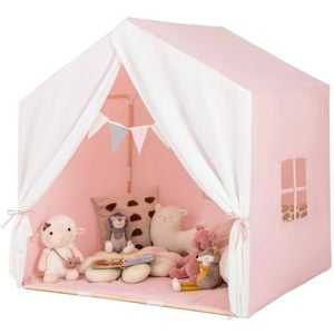 Costway Kids Play Tent W/mat Solid Wood Frame Playhouse Castle Pink