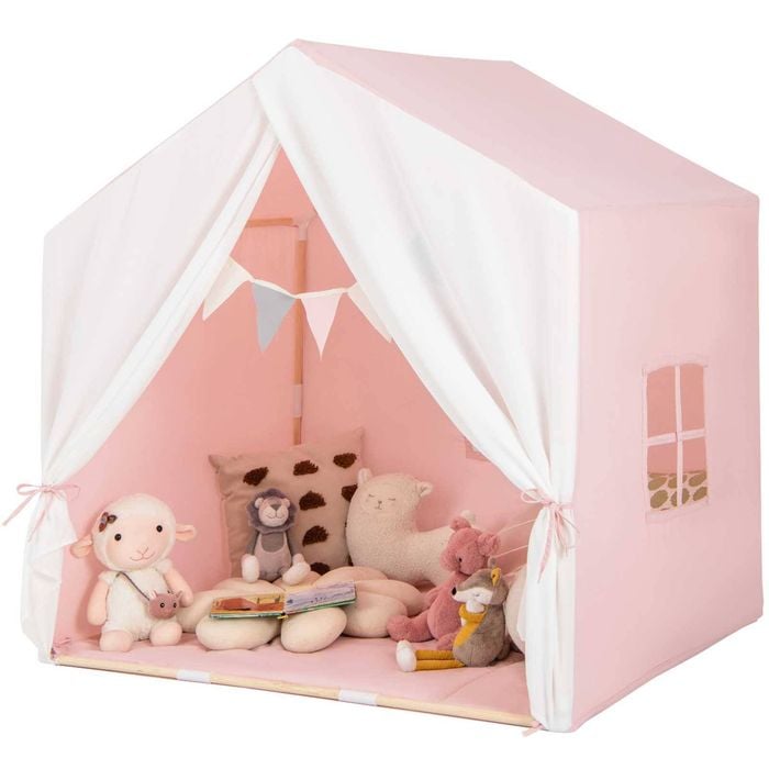 Costway Kids Play Tent W/mat Solid Wood Frame Playhouse Castle Pink