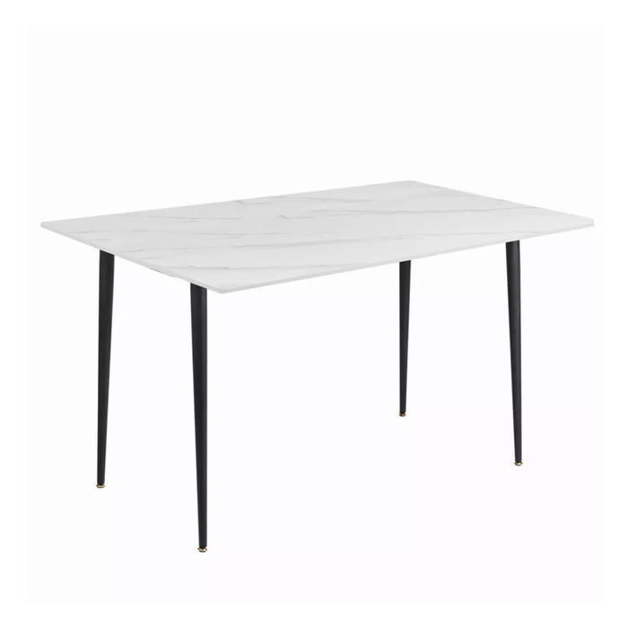 P&P White Stone Rectangular Dining Table With Marble Top And Black Tapered Legs
