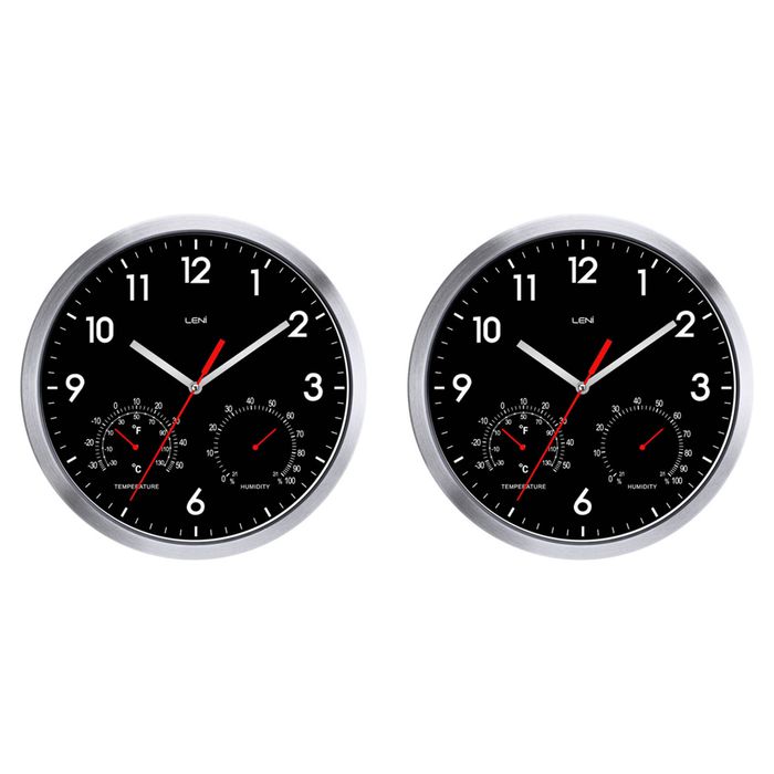 2PK Leni 31cm Weather Resistant Wall Clock With Thermometer And Hygrometer Black