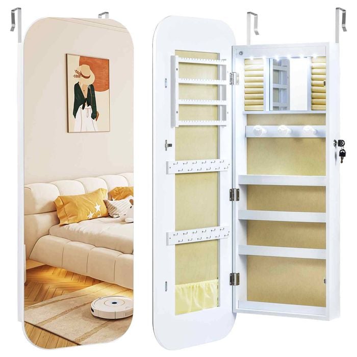 Costway Jewelry Cabinet Extra-wide Mirror Makeup Wall Mirror Door Armoire