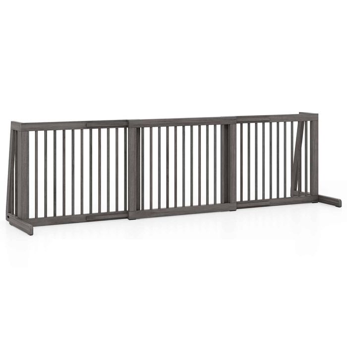 Costway 3 Panel Wood Slide Pet Gate Folding Dog Fence Enclosure Puppy Playpen-Grey