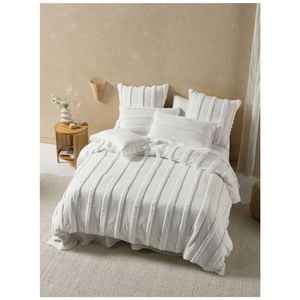 Linen House Tufted Cotton Cillian Quilt Cover Set White Textured Stripe Queen