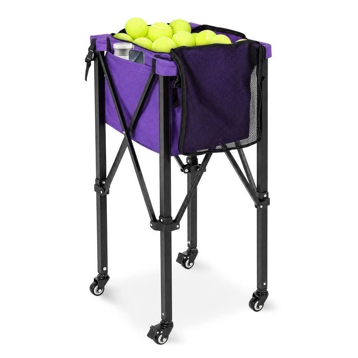 Advwin Foldable Tennis Ball Cart, Portable Aluminium Training Hopper with Carry Bag, Purple