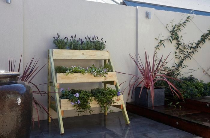 A three-tiered timber planter with pot plants against a garden wall