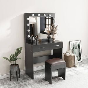 Vanity Desk with Mirror and Stool, Wooden Dressing Table Set with 2 Drawers, 3 Color LED Bulbs Makeup Table for Bedroom, Black
