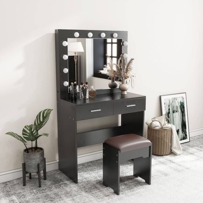 Vanity Desk with Mirror and Stool, Wooden Dressing Table Set with 2 Drawers, 3 Color LED Bulbs Makeup Table for Bedroom, Black