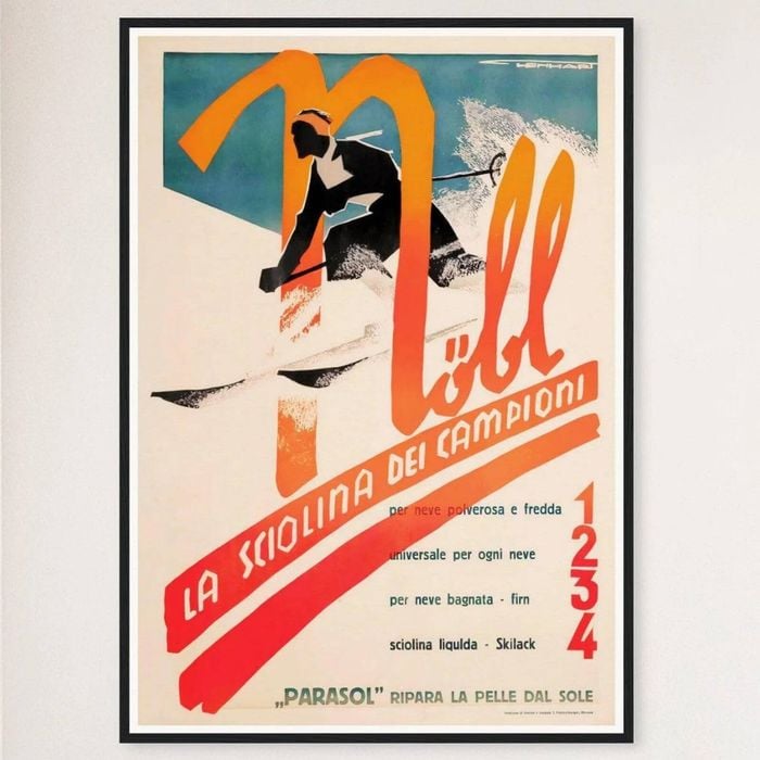 Galrie Nobl School of Champions Italy Vintage Ski Poster - Stylish Home Decor, Black Frame, 50 x 70cm (20 x 28inch)