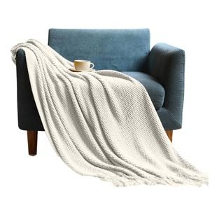 Anycozy White Knitted Waffle Throw Blanket Tassel 130x230cm