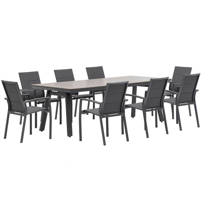 FurnitureOkay Marina-Capri 9-Piece Sintered Stone Outdoor Dining Setting - Charcoal