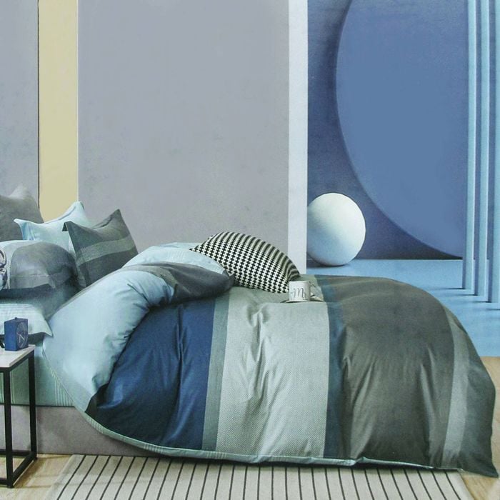 300tc Simon Teal Reversible Cotton Stripes Quilt Cover Set Queen