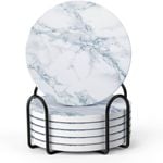 LIFVER by Dowan White Marble-Style Absorbent Coasters with Holder,