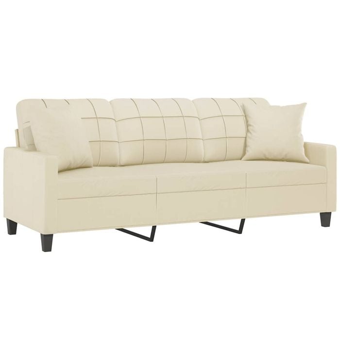 vidaXL 3-Seater Sofa with Throw Pillows Upholstered Couch Cream Faux Leather