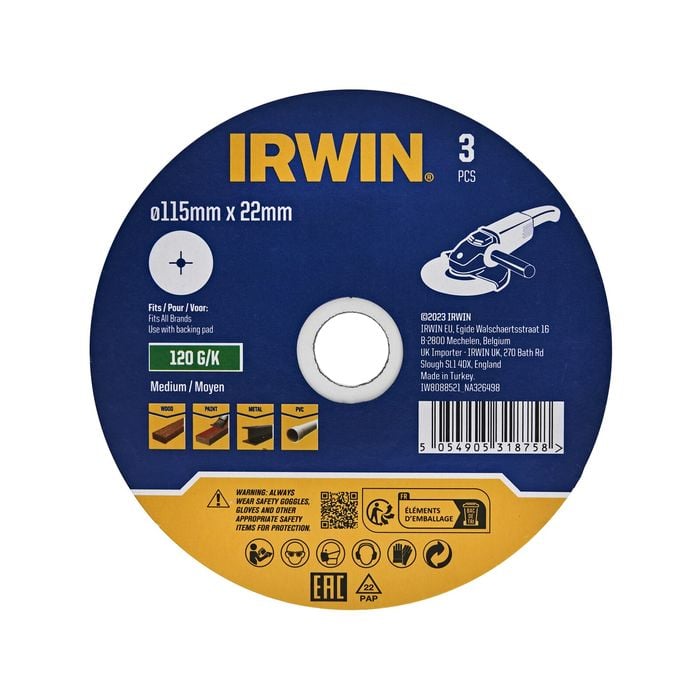 IRWIN 115mm 120 Grit Fibre Sanding Disc - 3 Pack