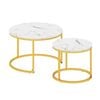 Ufurniture 2Pcs Nesting Table Round Marble Effect Coffee Table End Table Gold & White
