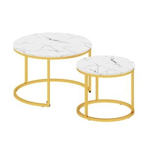 Ufurniture 2Pcs Nesting Table Round Marble Effect Coffee Table End Table Gold & White