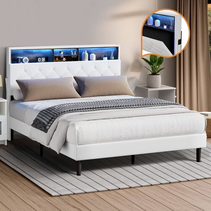 Oikiture Bed Frame Double Size with LED Storage Headboad NOVI
