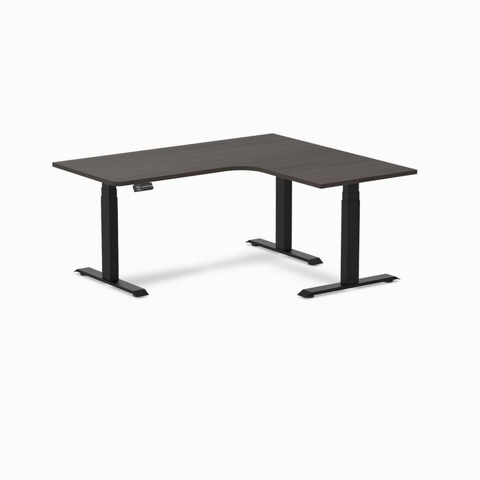 Desky L-shape Sit To Stand Burnished Wood Melamine Desk 1600x1400mm - Right Return Height Adjustable Matte Black Leg