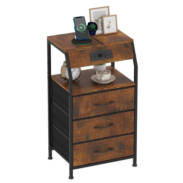 Advwin Bedside Table with Charging Station 3 Fabric Drawers Nightstand Brown
