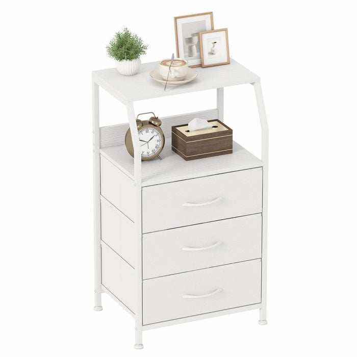 Advwin Bedside Table 3 Fabric Drawer with Storage Shelf White