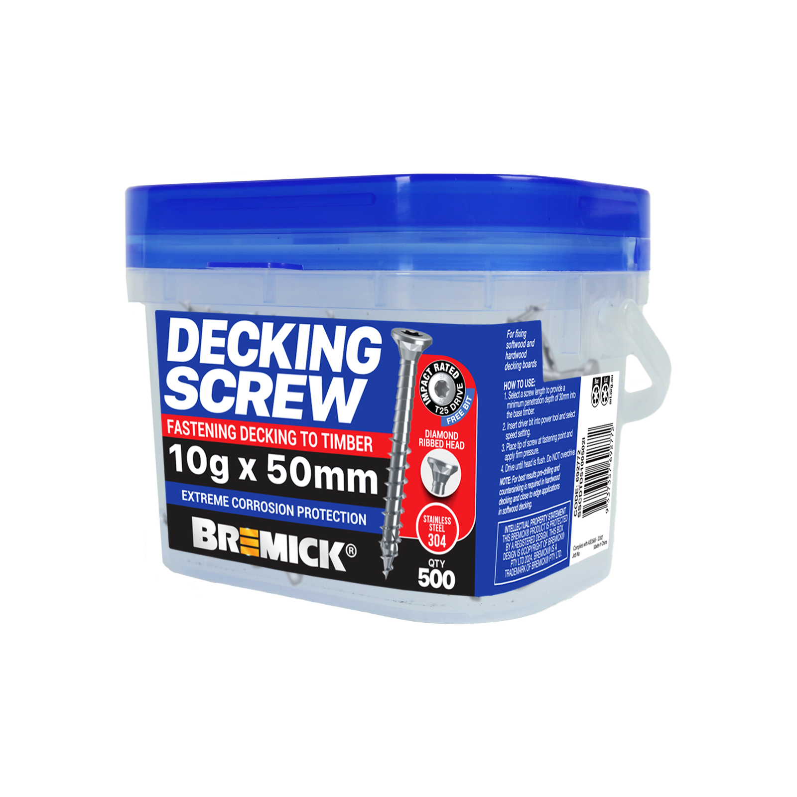 Bremick Decking Screw 10g x 50mm SPIRAL RIB T25 SS304 -500 Pack