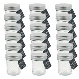18PK Glass & Co Cleo Round Silver Lid Quilted Preserving Jar 200ml Clear
