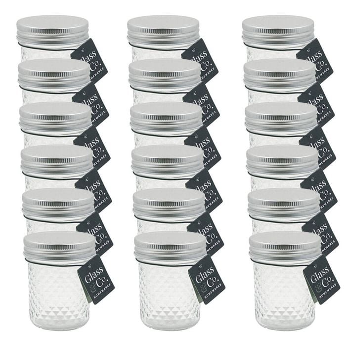 18PK Glass & Co Cleo Round Silver Lid Quilted Preserving Jar 200ml Clear
