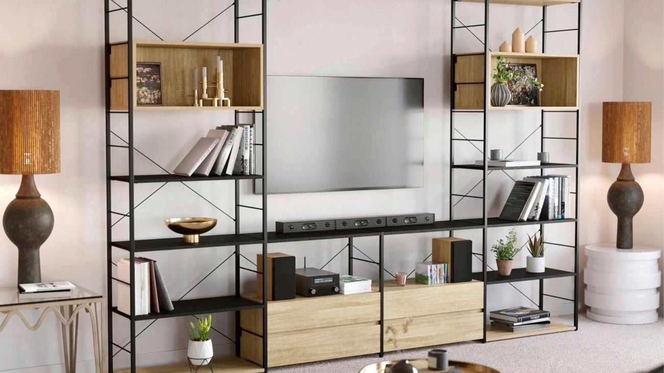 An image of an open entertainment unit made from Flexi Storage Studio Silhouette shelving units in Black and Oak, with Oak shelves and two-drawer units in Oak