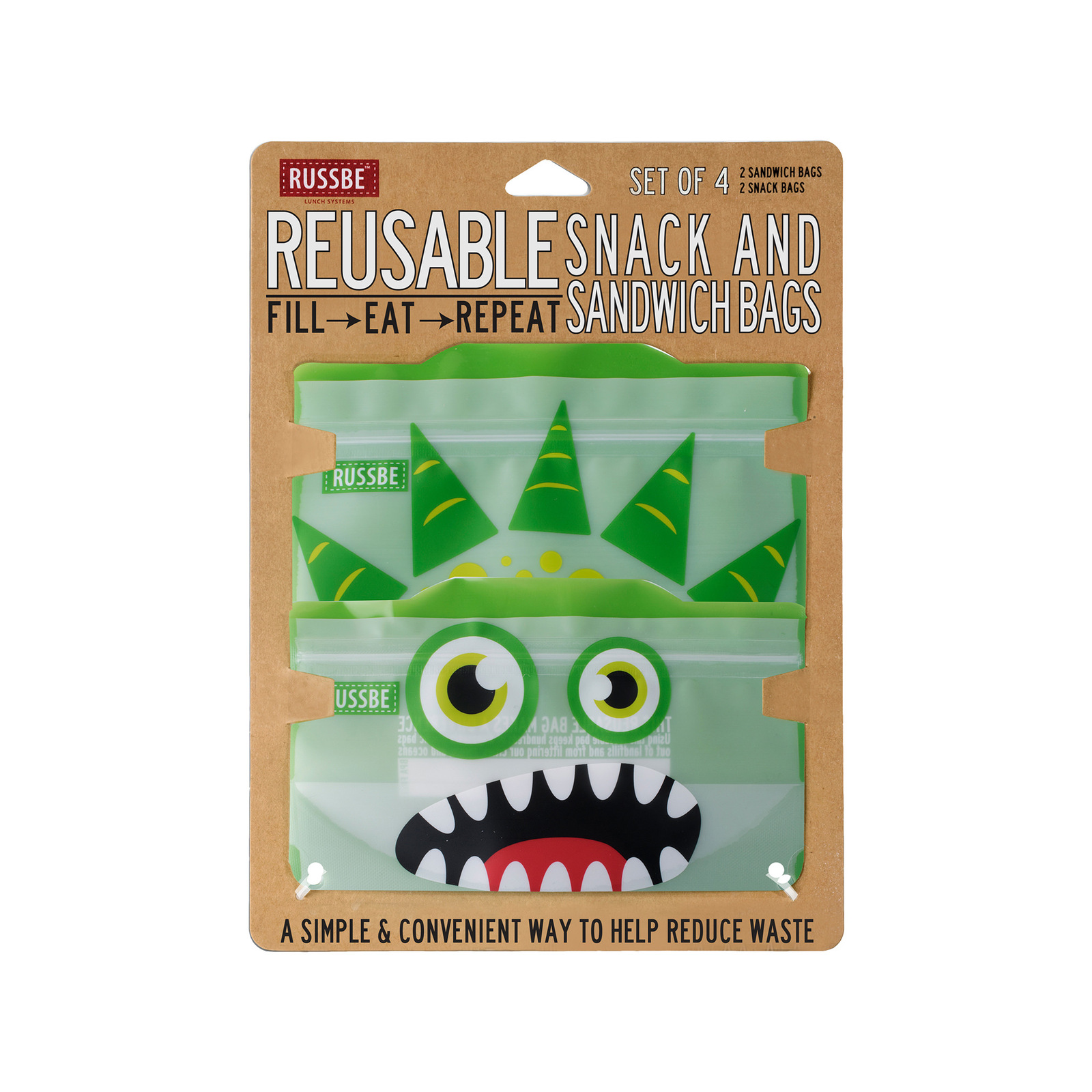 Russbe Reusable Snack Sandwich Bag Set 4pc Green Monster Bunnings Australia