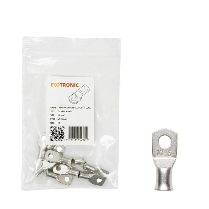 10 Pack of Exotronic 10mm² Copper Lug M5 | Bellmouth