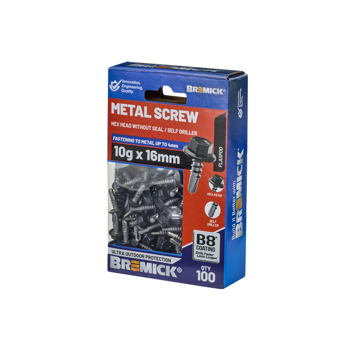 Bremick Metal Hex Screw 10g x 16mm B8 FP PK100