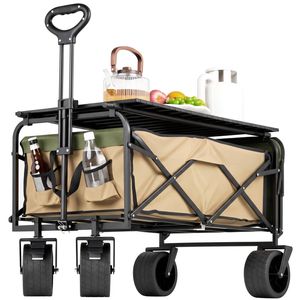 Advwin Folding Wagon Cart Beach Trolley Cart w/Folding Table Board Adjustable Handle Grocery Wagon for Sports, Shopping