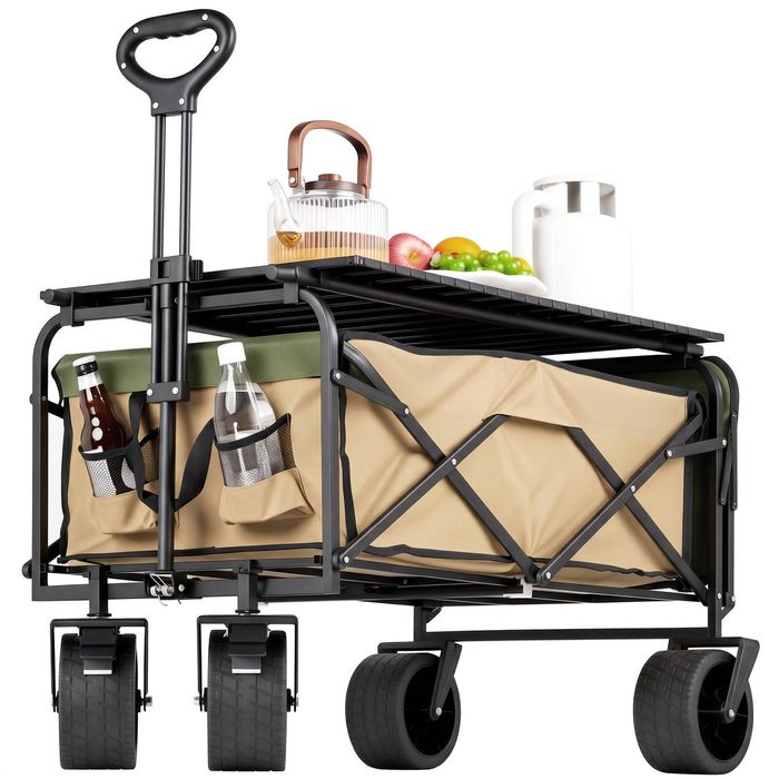 Advwin Folding Wagon Cart Beach Trolley Cart w/Folding Table Board Adjustable Handle Grocery Wagon for Sports, Shopping