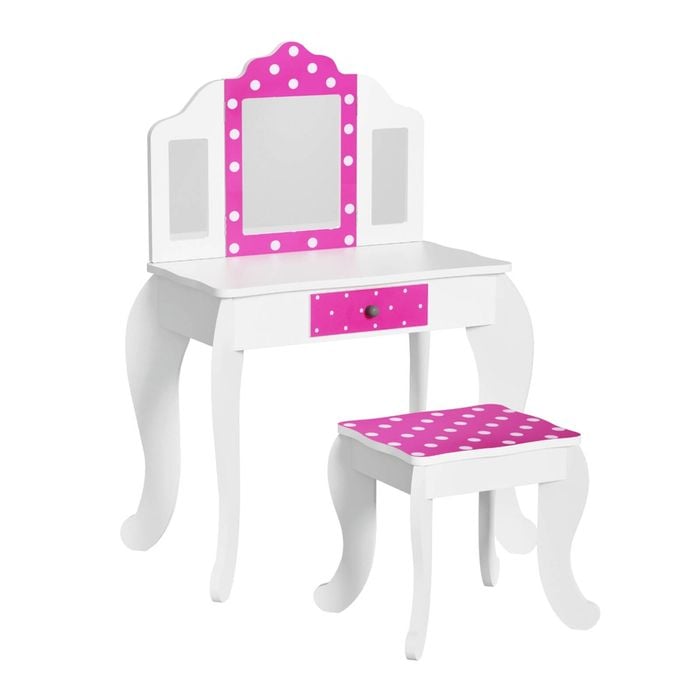 Keezi Kids Dressing Table Vanity Makeup Chair Set Wooden 3 Mirror Drawer Pink