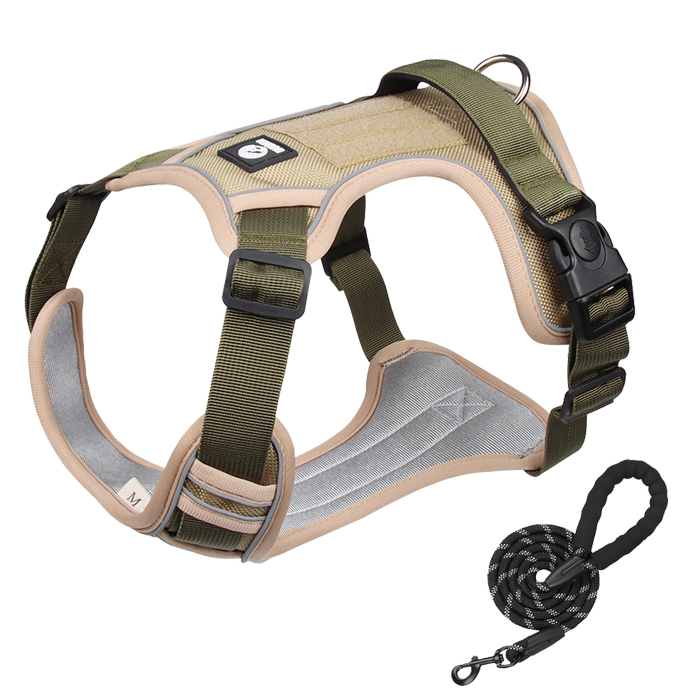 Furbulous Tactical Dog Harness Adjustable No Pull Pet Harness Training Dog Harness with 1.5m Lead - Khaki Large