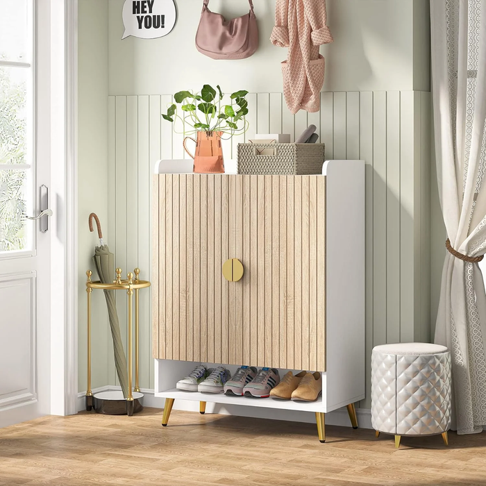 Oakory 110cm White Shoe Cabinet With 7 Adjustable Tiers Wood Grain & White