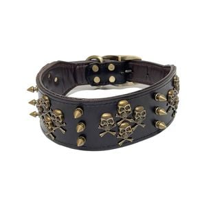 CottonMore Real Leather Pet Dog Collar Retro Style Skull Charm Studded Collar - XL
